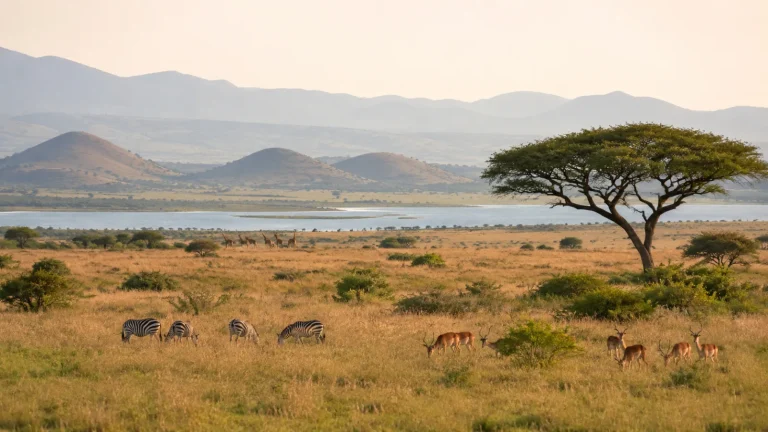 Safari vehicle crossing an East African savannah at sunrise