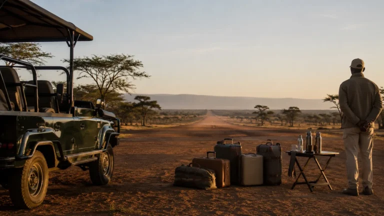 Light aircraft landing on a safari airstrip in Kenya