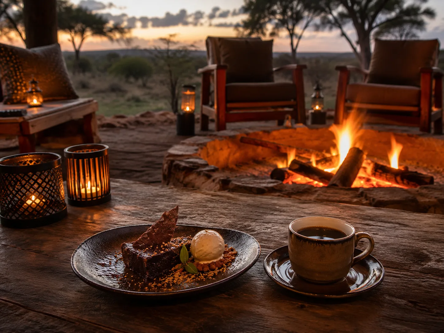 Couple watching sunset from a luxury safari camp deck