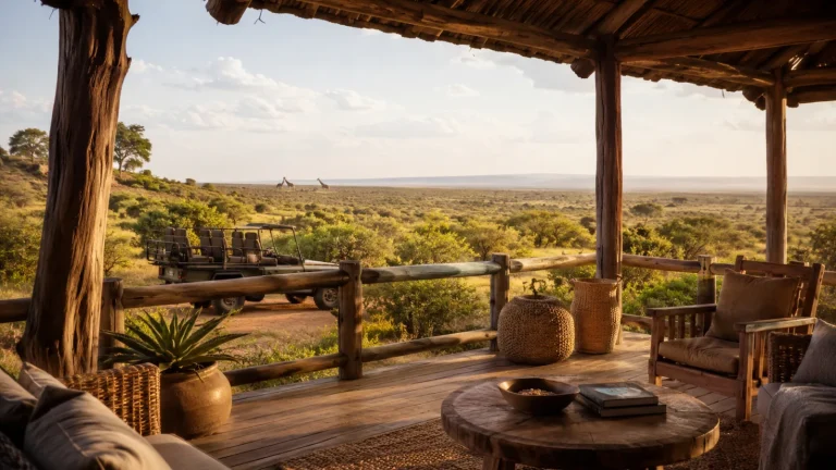Family watching giraffes from a safari vehicle in Kenya